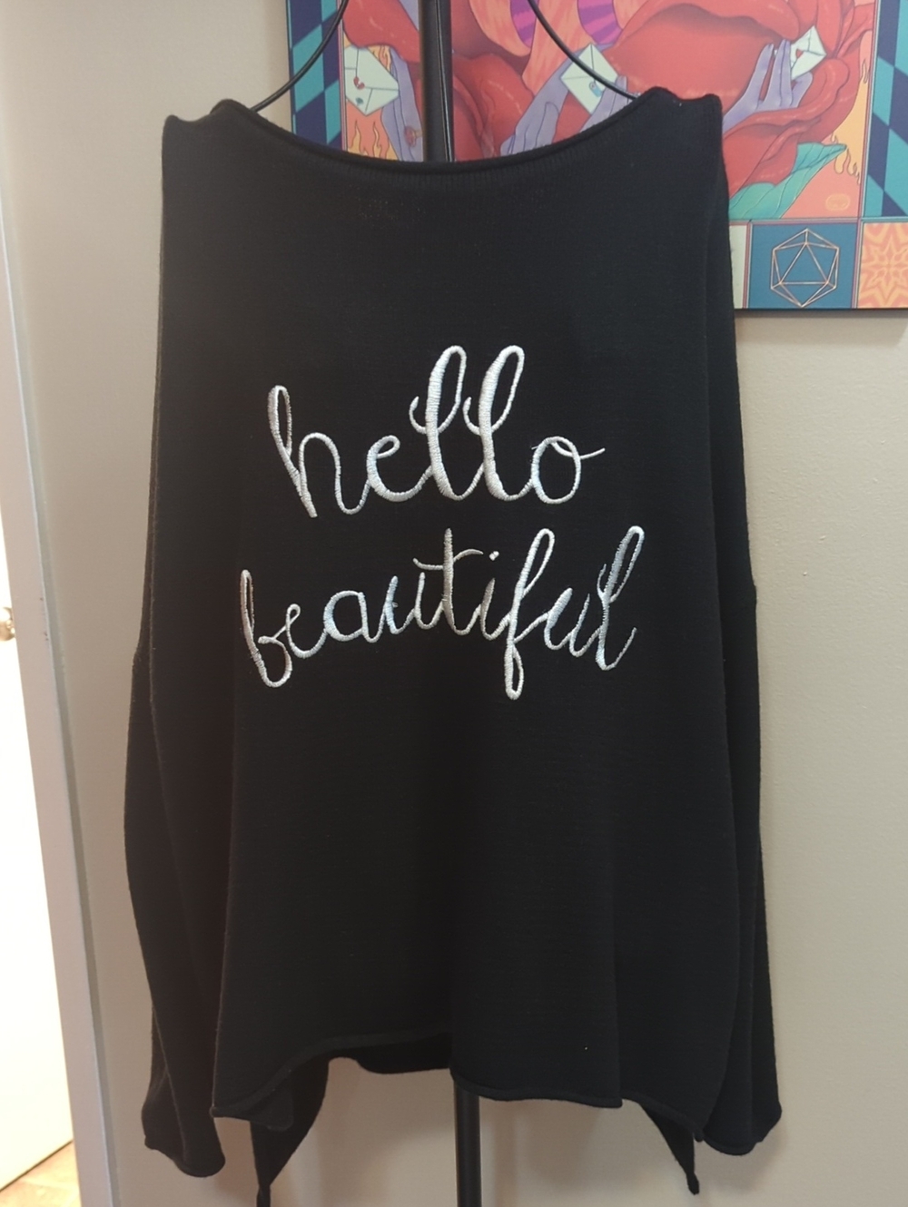 Le Lis Black Off-the-Shoulder Sweater with Silver Script